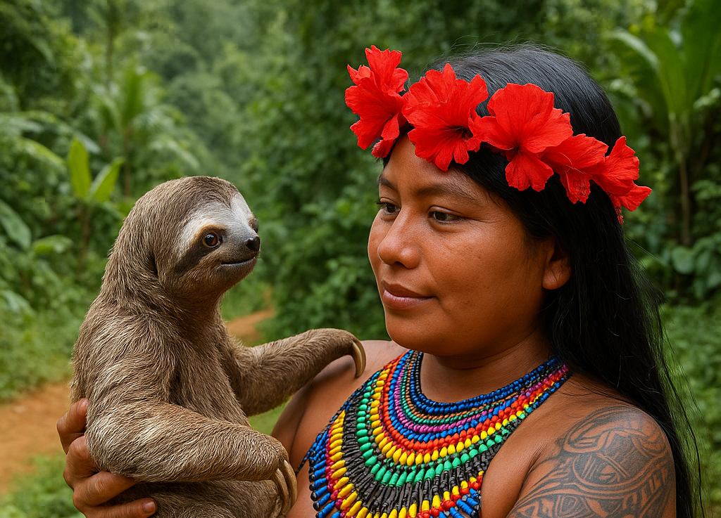 Red sloth in Panama rainforest - Embera territory